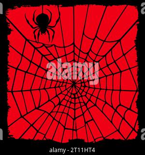 Red horror background with a silhouette of a spider round black web and a spider in a frame. Vector silhouette, Elements for Halloween design. Stock Vector