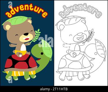 Cartoon of little bear riding on turtle, coloring book or page Stock Vector