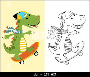 Cartoon of cute dino playing skateboard, coloring book or page Stock Vector