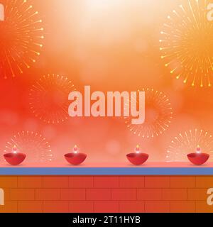 Vector illustration of Happy Diwali background with diya and fireworks. Vector illustration Stock Vector