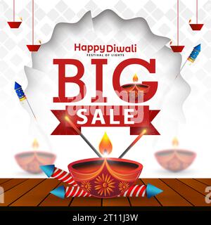 Happy Diwali big sale banner design template with diya oil lamp and crackers. Vector illustration. Stock Vector