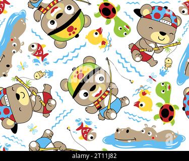 Vector seamless pattern of cute bear fishing, hippo, duck and turtle Stock Vector