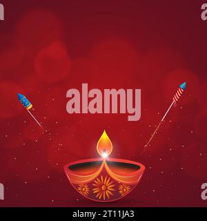 Happy Diwali festival background with diya and firecrackers on red bokeh background. Vector illustration. Stock Vector