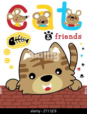 Vector illustration of cute kitten with three mice Stock Vector