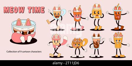 Set of retro cartoon coffee mugs in the shape of cats. Groovy characters in shape of coffee cup with gloved hands. Cappuccino, latte, espresso, moka Stock Vector