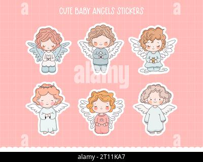 Cute cartoon baby angels sticker sheet for Christmas and Easter. Vector illustrtaion. Stock Vector