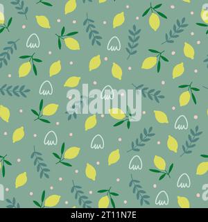 Vector seamless pattern with lemons, leaves, doodles on olive green background. Juicy fruits pattern. Vector illustration Stock Vector