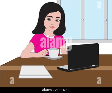 Beautiful young girl work from home concept. Vector Illustration Stock Vector