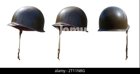 Vintage World War II United States army helmet at various angles isolated on a white background Stock Photo