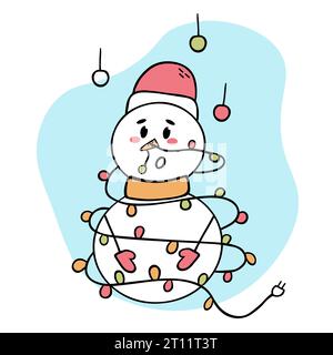The snowman is entangled in a garland with multi-colored lights. Doodle illustration. Hello winter Stock Vector