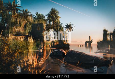 Drowned houses in Tropical islands,  3D Render Stock Photo
