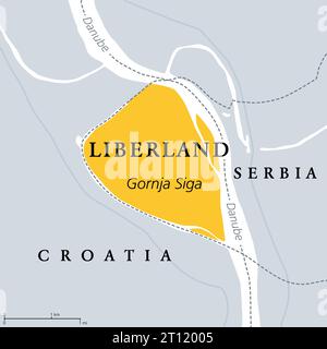 Free Republic of Liberland, political map. Unrecognized micronation in Europe, claiming uninhabited disputed land on Danube between Croatia and Serbia. Stock Photo