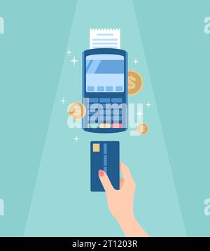 POS terminal and hand with credit card. Cashless contactless payment. Flat vector illustration Stock Vector