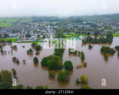 Aerial views from drone of Aberfeldy Golf Course flooded by the River Tay which broke its banks after torrential rainfall in October 2023. Aberfeldy, Stock Photo