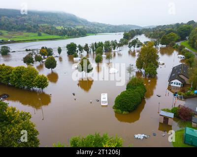 Aerial views from drone of Aberfeldy Caravan Park is flooded by the River Tay which broke its banks after torrential rainfall in October 2023. Aberfel Stock Photo