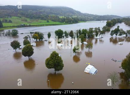 Aerial views from drone of Aberfeldy Caravan Park is flooded by the River Tay which broke its banks after torrential rainfall in October 2023. Aberfel Stock Photo