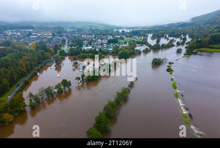 Aerial views from drone of Aberfeldy Caravan Park is flooded by the River Tay which broke its banks after torrential rainfall in October 2023. Aberfel Stock Photo