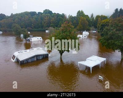 Aerial views from drone of Aberfeldy Caravan Park is flooded by the River Tay which broke its banks after torrential rainfall in October 2023. Aberfel Stock Photo