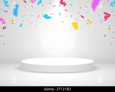 Winners podium. White scene with confetti. Pedestal with falling serpentine. Award ceremony template. Platform with spotlights. Product presentation c Stock Vector