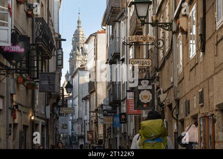 Rua Do Franco in the old town, Santiago de Compostela, Spain - the street of Galician tapas foods wines and restaurants, taverns and bars Stock Photo