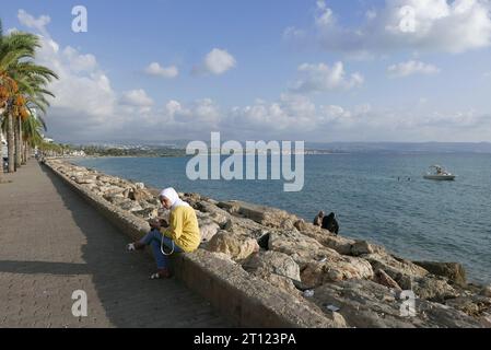 Sour Tyr Tyre, Lebanon. 10th Oct, 2023. A view of the beach in front of Tyr (Sour), South Lebanon, October 10 2023. On the far right there is the maritime border between Lebanon and Israel. (Photo by Elisa Gestri/Sipa USA) (Photo by Elisa Gestri/Sipa USA) Credit: Sipa USA/Alamy Live News Stock Photo