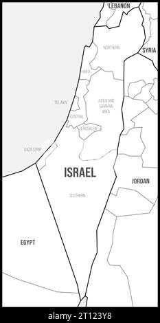 Israel political map of administrative divisions - districts, Gaza Strip and Judea and Samaria Area. Black and white vector map. Stock Vector