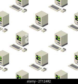 Pattern of old computers in isometry on a white background. Vector Stock Vector