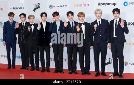 Incheon, South Korea. 10th Oct, 2023. South Korean boy band Zerobaseone, attend a red carpet during the '2023 The Fact Music Awards' in Incheon, South Korea on October 10, 2023. (Photo by: Lee Young-ho/Sipa USA) Credit: Sipa USA/Alamy Live News Stock Photo