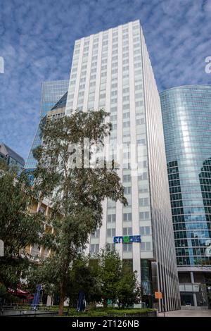 Exterior view of the Enedis tower in Paris La Défense. Enedis is a public service company operating the French electricity distribution network Stock Photo