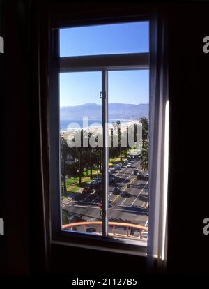 View of the coast at Santa Monica looikng north from a view in a hotel room window. Los Angeles, CA Stock Photo
