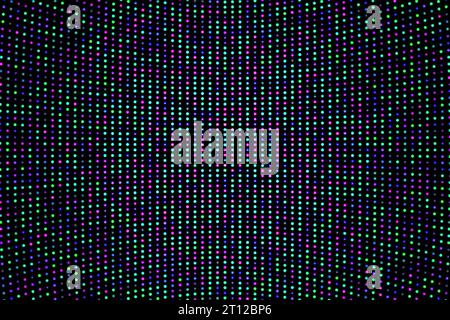 Concave LED screen with round purple, blue and green diodes. Black digital videowall background. Curved electronic TV panel. Vector illustration. Stock Vector