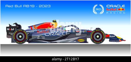 Austria, year 2023, Red Bull RB19, Oracle Red Bull Racing F1 sport car, illustration Stock Photo