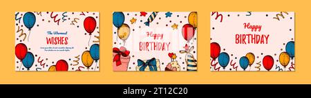 Set of Birthday horizontal greeting cards. Design with hand drawn elements. Celebration invitation  template. Vector illustration in sketch style. Fes Stock Vector