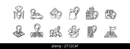 Map pin doodle icons. Set of restaurant, car service, office, store, home, hospital location. Mountain route trip. Hand drawn sketch vector illustrati Stock Vector