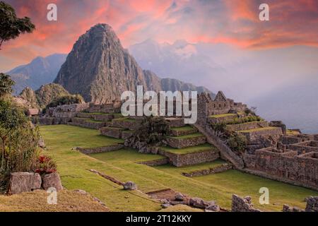 Beautiful surroundings of the interior of Machu Picchu in a beautiful summer sunrise, Peru Stock Photo