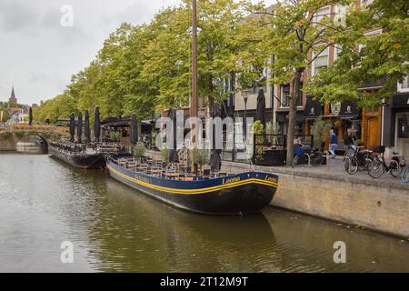 View from the bridge to the canal in the center of the city Leeuwarden Stock Photo