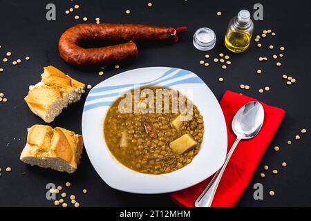 Homemade recipe of a finished Spanish lentil dish seen from above Stock Photo