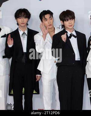 Incheon, South Korea. 10th Oct, 2023. South Korean-Japanese boy band Ateez, attend a red carpet during the '2023 The Fact Music Awards' in Incheon, South Korea on October 10, 2023. (Photo by: Lee Young-ho/Sipa USA) Credit: Sipa USA/Alamy Live News Stock Photo