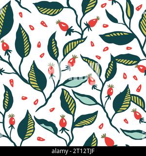 Seamless pattern with dynamic stylizes branches with red berries. Original trendy background for design Stock Vector