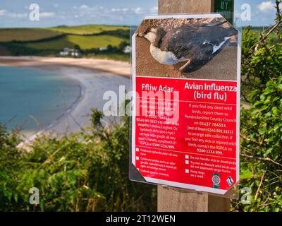 A red sign fixed to a wooden post on the Pembrokeshire Coast Path warns of avian flu and advises on precautions and actions to take Stock Photo