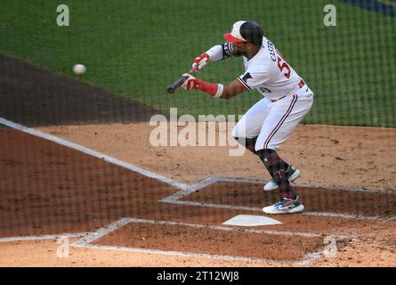 Minneapolis, United States. 10th Oct, 2023. Minnesota Twins Willi Castro bunt pops out to Houston Astros catcher Martin Maldonado in the second inning in game three of an MLB American League Division Series at Target Field in Minneapolis on Tuesday, October 10, 2023. Photo by Craig Lassig/UPI Credit: UPI/Alamy Live News Stock Photo