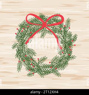 christmas wreath on wooden door -vector illustration Stock Vector
