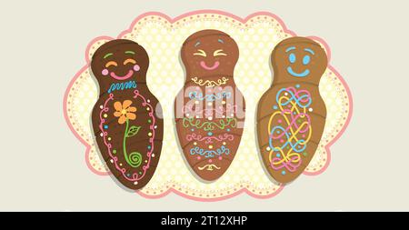Guaguas de pan - Bread doll decorated with color lines in Spanish language - Top view of 3 different decorated breads on a yellow oval tablecloth Stock Vector