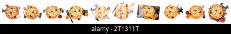 Set of tasty Halloween pizzas isolated on white, top view Stock Photo