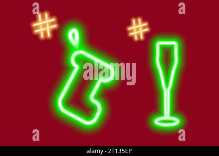 2 Neon luminous icons of gift sock and wine glass with hashtags. Concept for greetings or search. Vector for poster, banner, brochure, billboard, greeting or invitation card, price tag, label or web Stock Vector