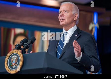 US President Joe Biden delivers virtual remarks to the U.S. Fire Administrators Summit on Fire Prevention & Control from the White House in Washington, DC, USA, 10 October 2023. Copyright: xShawnxThewx/xPoolxviaxCNPx/MediaPunchx Credit: Imago/Alamy Live News Stock Photo