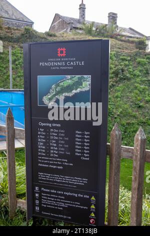 Sept 2023 English Heritage sign for Pendennis Castle and military fort,Falmouth,Cornwall,England,UK Stock Photo