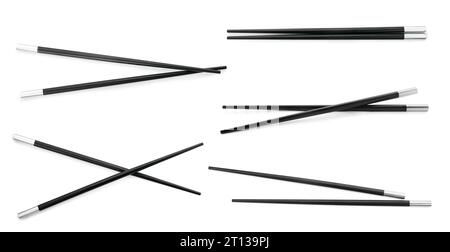 Collage with black chopsticks isolated on white Stock Photo