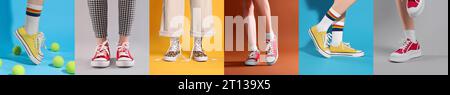 Photos of women in stylish sneakers on different color backgrounds, collage design Stock Photo