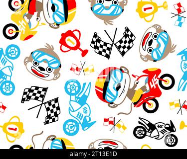 Seamless pattern vector of funny monkey cartoon riding motorbike. Motor race elements illustration Stock Vector